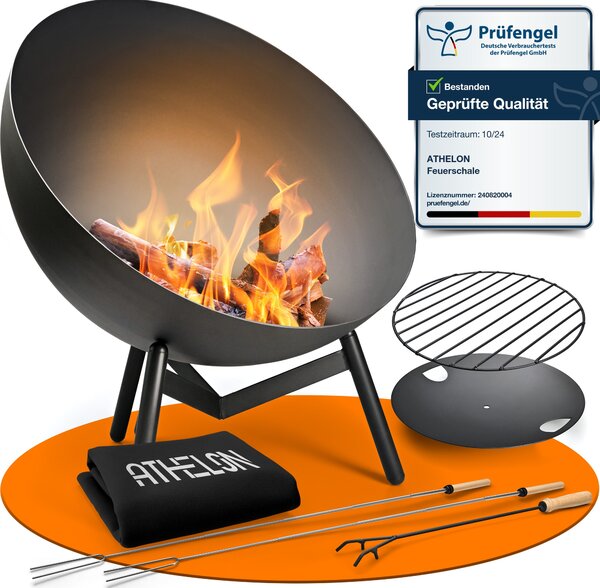 Recipiente per fuoco ATHELON® [Ø 60 cm] - focolare da esterno in acciaio resistente alle intemperie per giardino, terrazza e balcone [con meccanismo di inclinazione] - accessori e coperchio inclusi, nero