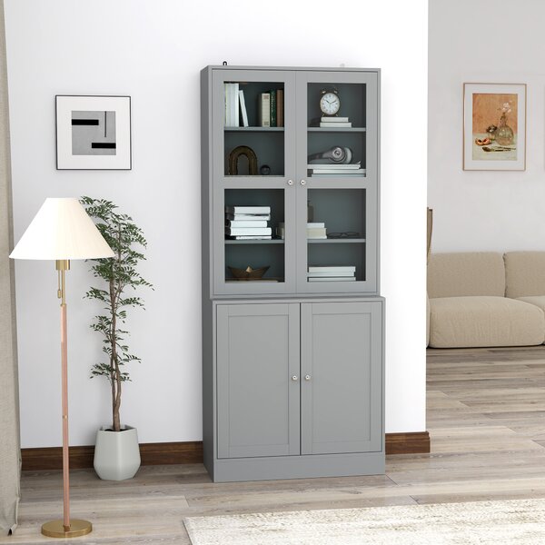 HOMCOM Libreria Vetrina, Mobile Contenitore a 6 Livelli con 4 Ante di cui 2 in Vetro Temperato e Ripiani Regolabili, Bianco | Aosom Italy