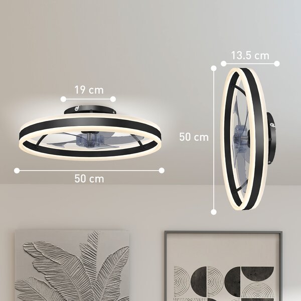 HOMCOM Ventilatore da Soffitto con Luce LED, 6 Velocità, Motore Reversibile e Telecomando, Potenza 45W, Ø50x13,5 cm, Nero | Aosom Italy