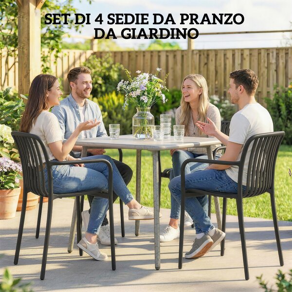 Outsunny Set di 4 Sedie da Patio Impilabili, Sedie da Pranzo per Esterni con Schienale Curvo, Seduta con Listelli e Braccioli, Nero | Aosom Italy