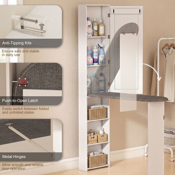 HOMCOM Armadio Pieghevole per Asse da Stiro con Anta, Ripiani Interni e Specchio, Tavolo da Stiro Salvaspazio per Cura del Bucato, 106x35x174 cm, Bianco | Aosom Italy