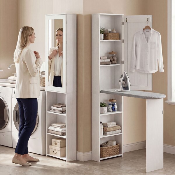 HOMCOM Armadio Pieghevole per Asse da Stiro con Anta, Ripiani Interni e Specchio, Tavolo da Stiro Salvaspazio per Cura del Bucato, 106x35x174 cm, Bianco | Aosom Italy