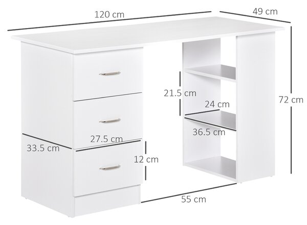 HOMCOM Scrivania PC Computer con 3 Cassetti Scrivania Bianca con3 Ripiani per Ufficio Camera in Legno Bianco 120x49x72cm|Aosom