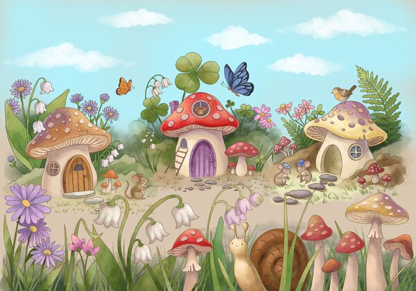 Carta da parati Vignetta con funghi e lumache, Carta da parati per Bambini, Carta da parati popolare, t01104 - Tapeko.it