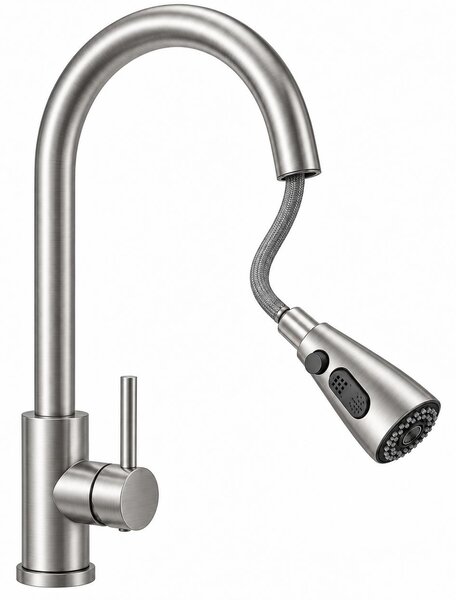 LynkCust: Miscelatore da cucina in acciaio inossidabile spazzolato con doccetta estraibile, 40 cm, 3 funzioni, girevole a 360°