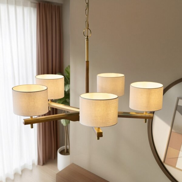 Endon 116994 - Lampadario a catena HEATHCLIFF 5xE14/7W/230V ottone/frassino