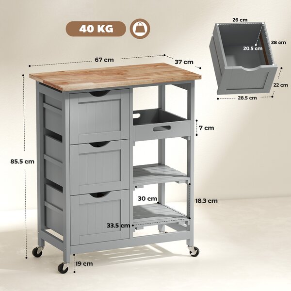 HOMCOM Carrello da cucina su ruote con piano in legno, 3 cassetti e piano rimovibile — 67x37x85,5 cm, Grigio | Aosom Italy