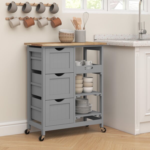 HOMCOM Carrello da cucina su ruote con piano in legno, 3 cassetti e piano rimovibile — 67x37x85,5 cm, Grigio | Aosom Italy