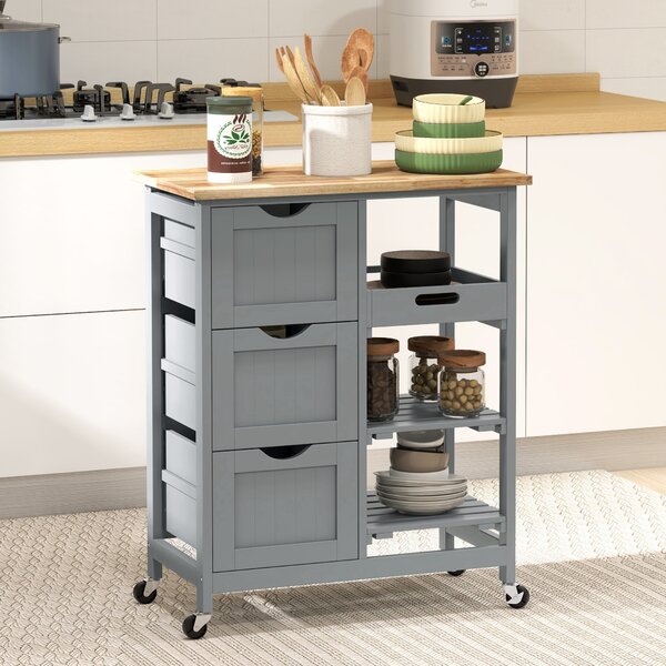 HOMCOM Carrello da cucina su ruote con piano in legno, 3 cassetti e piano rimovibile — 67x37x85,5 cm, Grigio | Aosom Italy