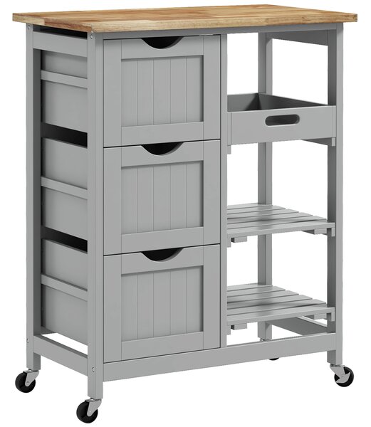 HOMCOM Carrello da cucina su ruote con piano in legno, 3 cassetti e piano rimovibile — 67x37x85,5 cm, Grigio | Aosom Italy