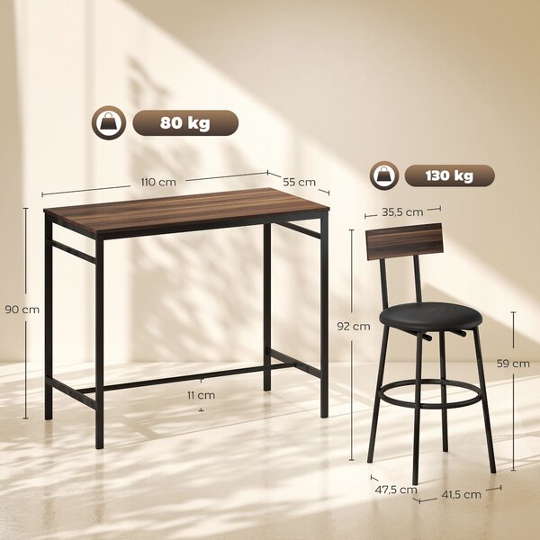 HOMCOM Set da Tavolo da Bar 5 Pezzi con 4 Sgabelli, Design Industriale, per Cucina, Sala da Pranzo, Legno, Acciaio, Marrone | Aosom Italy