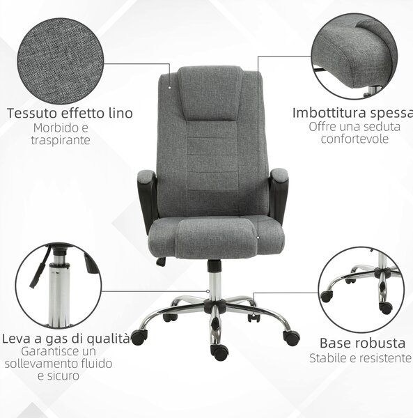 Vinsetto Sedia da Ufficio Ergonomica con Braccioli Imbottiti e Poggiapiedi, Altezza Regolabile, Funzione Dondolo, 62x76x110-119cm Grigio | Aosom Italy