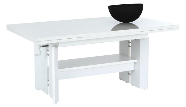 Tavolino con funzioni, tavolo da divano Dario - bianco lucido - allungabile + regolabile in altezza - ripiano - 110-180x68x50-60cm - meccanismo a forbice