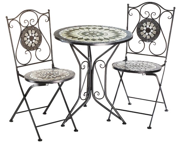Kobolo Gruppo di Sedute Arredo Giardino MOSAIK - 1 Tavolo - 2 Sedie - Metallo - Mosaico grigio - Sedia Arredo Balcone Sedia Balcone Arredo Bistrò Pranzo Design Moderno
