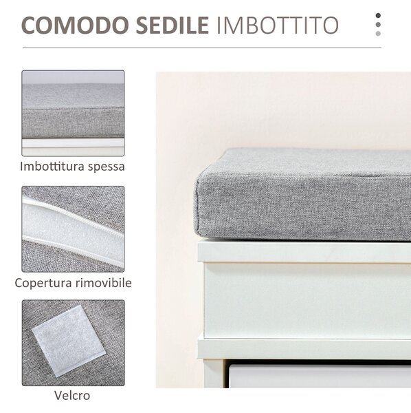 HOMCOM Panca Scarpiera Salvaspazio in Legno con Cuscino, 2 Cassetti con Mensola Regolabile per 8 Scarpe, 104x24x55cm, Bianco|Aosom