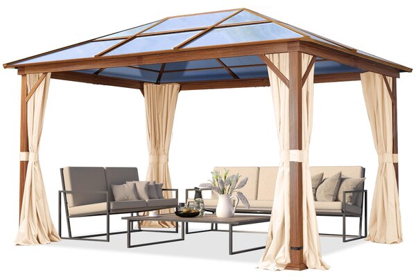 TOOLPORT Gazebo da giardino 3x4 m look quercia, tetto ca. 8mm policarbonato, 4 teli laterali color crema
