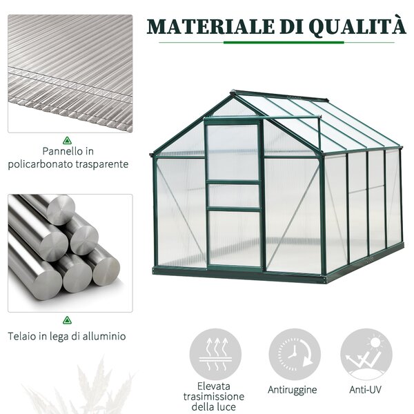 Outsunny Serra in Policarbonato e Alluminio con Porta Scorrevole, Presa d'Aria e Grondaia, 190x252x201 cm, Verde Scuro | Aosom Italy
