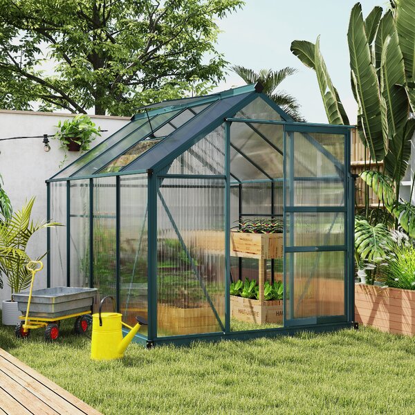 Outsunny Serra in Policarbonato e Alluminio con Porta Scorrevole, Presa d'Aria e Grondaia, 190x252x201 cm, Verde Scuro | Aosom Italy