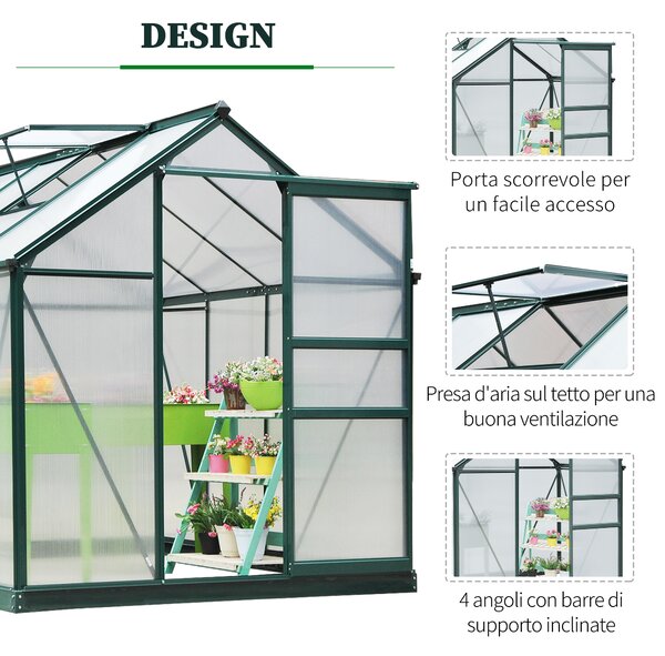 Outsunny Serra in Policarbonato e Alluminio con Porta Scorrevole, Presa d'Aria e Grondaia, 190x252x201 cm, Verde Scuro | Aosom Italy