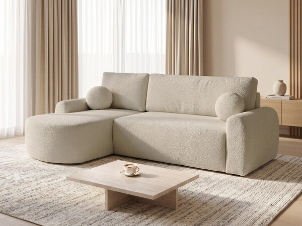 Divano ad angolo Jazz con funzione letto e contenitore - Tessuto bouclé - Divano a L, divano imbottito, divano letto, set divano, divano letto (Beige (Coral 65), divano ad angolo con apertura a sinistra)