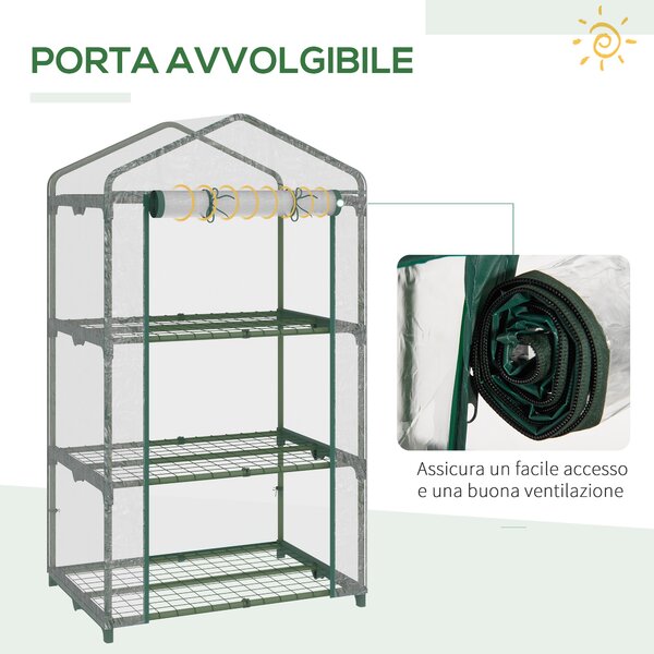 Outsunny Serra da Giardino per Orto con 3 Ripiani e Porta a cerniera avvolgibile, in Plastica e Acciaio, 69x49x125cm, Trasparente | Aosom Italy