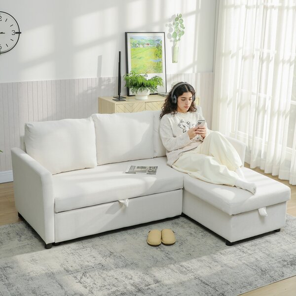 HOMCOM Divano Letto a 3 posti Angolare con Vano Portaoggetti a Scomparsa, in Effetto Lino, 192x148x86 cm, Bianco Crema | Aosom Italy