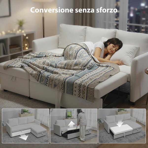 HOMCOM Divano Letto a 3 posti Angolare con Vano Portaoggetti a Scomparsa, in Effetto Lino, 192x148x86 cm, Bianco Crema | Aosom Italy