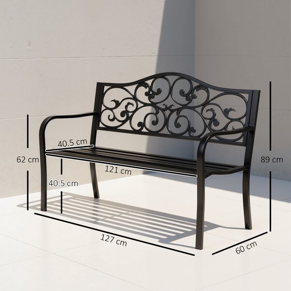 Outsunny Panchina da Giardino 2 Posti con Schienale Decorato in Ghisa e Metallo, 127x60x89cm, Nero|Aosom