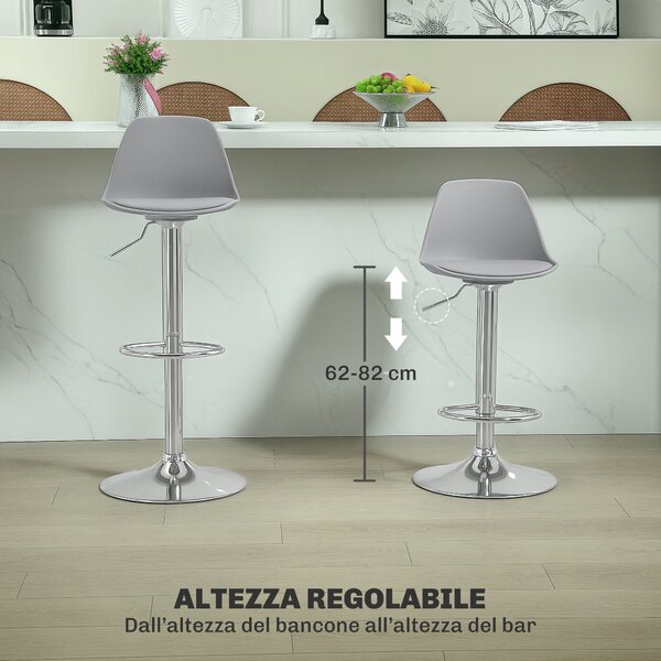 HOMCOM Set 2 Sgabelli Bar con Altezza Regolabile, Sgabelli Cucina Alti in PU con Schienale, Poggiapiedi e Seduta Morbida, Struttura in Acciaio, Sedie Bar Alte Girevoli a 360°, per Penisola, Grigio | Aosom Italy