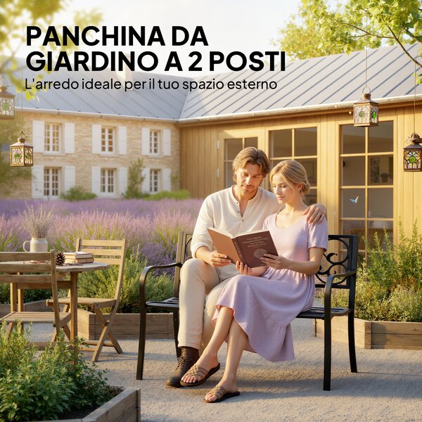 Outsunny Panchina da Giardino 2 Posti con Schienale Decorato in Ghisa e Metallo, 127x60x89cm, Nero|Aosom