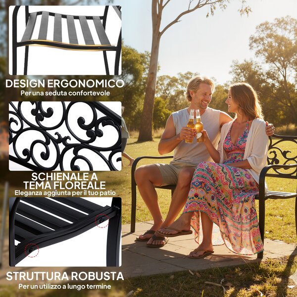 Outsunny Panchina da Giardino 2 Posti con Schienale Decorato in Ghisa e Metallo, 127x60x89cm, Nero|Aosom