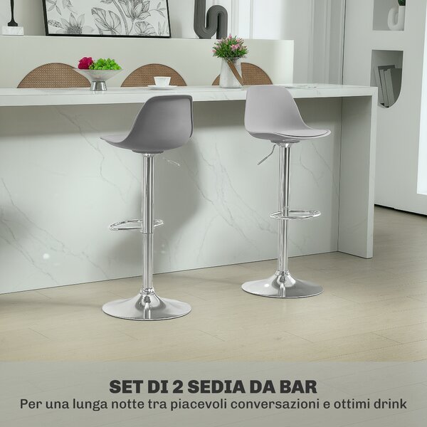 HOMCOM Set 2 Sgabelli Bar con Altezza Regolabile, Sgabelli Cucina Alti in PU con Schienale, Poggiapiedi e Seduta Morbida, Struttura in Acciaio, Sedie Bar Alte Girevoli a 360°, per Penisola, Grigio | Aosom Italy