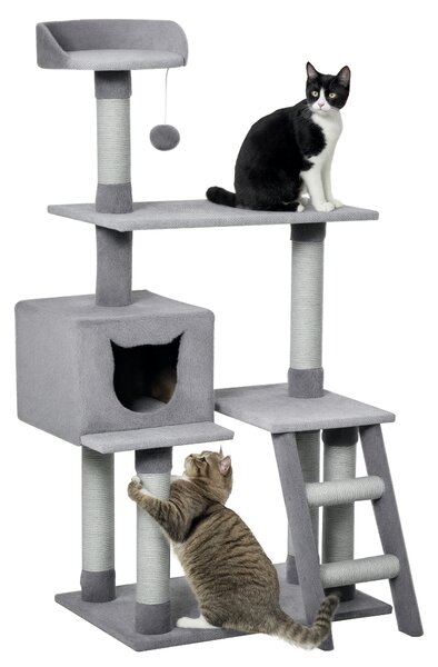 PawHut Tiragraffi Palestra per Gatti Multilivello con Casetta Scala Piattaforme, Pali in Corda di Juta, Grigio, 60.5x40x124cm|Aosom