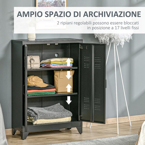 HOMCOM Armadietto Metallico a 2 Ante in Stile Industriale per Casa e Garage, 75x33x110 cm, Nero | Aosom Italy