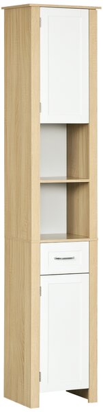 Kleankin Mobile Bagno Alto in Truciolato con un Cassetto, 2 Armadietti e 2 Ripiani Aperti Regolabili, 37x30x184 cm, Bianco e color Legno|Aosom