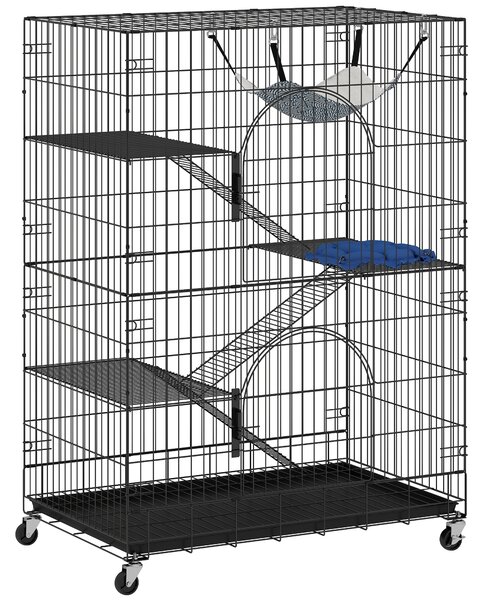 Gabbia per Gatti 91,5x55,6x128 cm a 4 Livelli con Amaca Letto Rampe e Piattaforme in Metallo con Vassoio Estraibile Nero