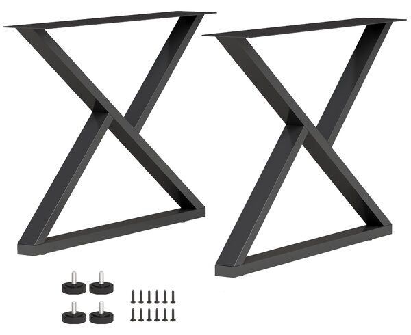 Set 2 Gambe per Tavolo 60x10x43 cm a Forma di X con 12 Viti e 4 Piedini Regolabili Stile Industriale in Acciaio Nero