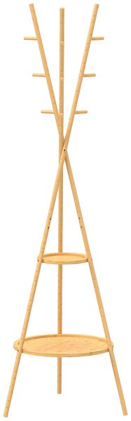 Appendiabiti 58,5x58,5x176 cm con 9 Ganci e 2 Ripiani in Bambù e MDF Naturale