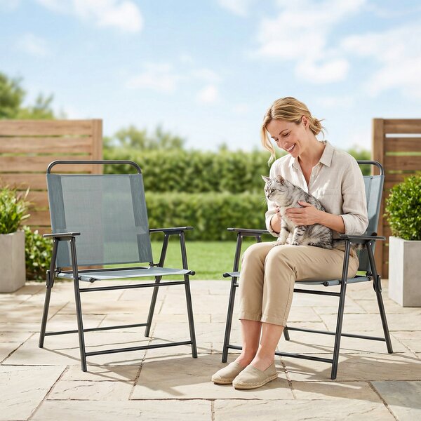 Set di 2 Sedie Pieghevoli da Giardino 65x60x94 cm con Braccioli e Seduta in Rete Grigio