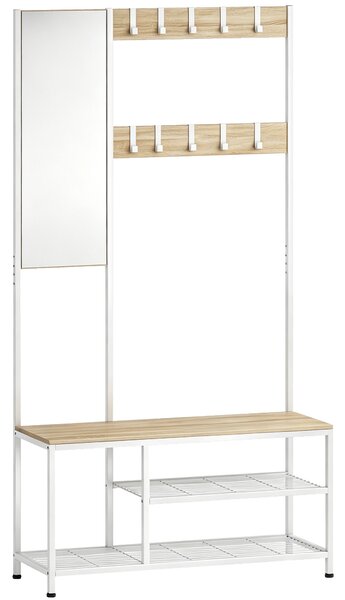 Appendiabiti da Ingresso 98x36x185 cm Mobile con Specchio a Figura Intera e Panca Scarpiera in Legno e Metallo Color Legno