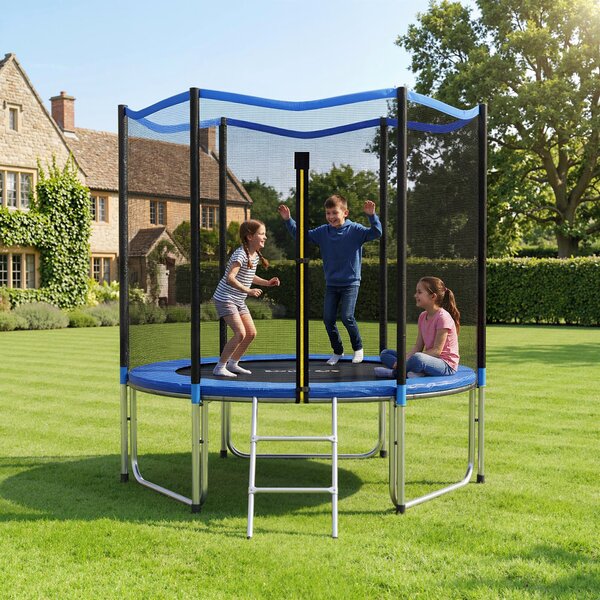 Trampolino Ø244 x 240A cm Rete di Protezione e Scala per Accesso in Acciaio e PP Blu