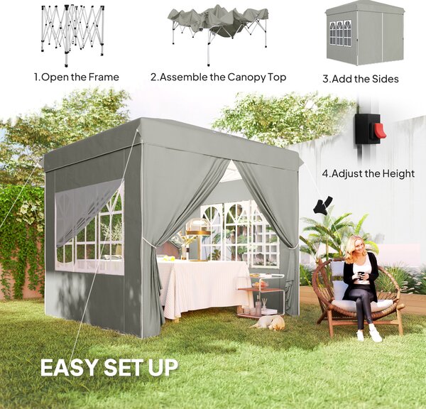 Outsunny Gazebo da Giardino Pop Up con 2 Finestre e Gambe Regolabili, in Metallo e tessuto Oxford, 248x248x270 cm, Grigio