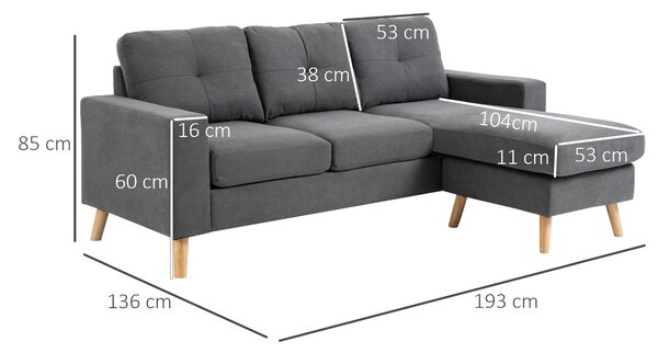 HOMCOM Divano Angolare 3 Posti con Penisola Reversibile in Tessuto Effetto Lino Grigio, 193x136x85 cm|Aosom