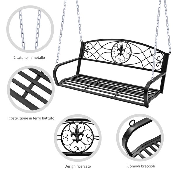 Outsunny Dondolo 2 Persone Design Classico Catene Incluse da Giardino Acciaio 132 x 63 x 58 cm Nero|Aosom