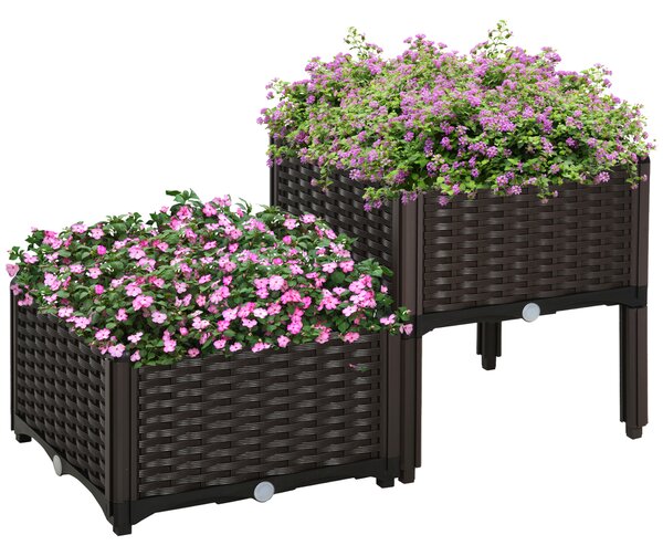 Outsunny Set 2 Pezzi Fioriere da Esterno Autoirriganti Rialzate Letto da Giardino Rialzato per Fiori Effetto Rattan in PP, Marrone