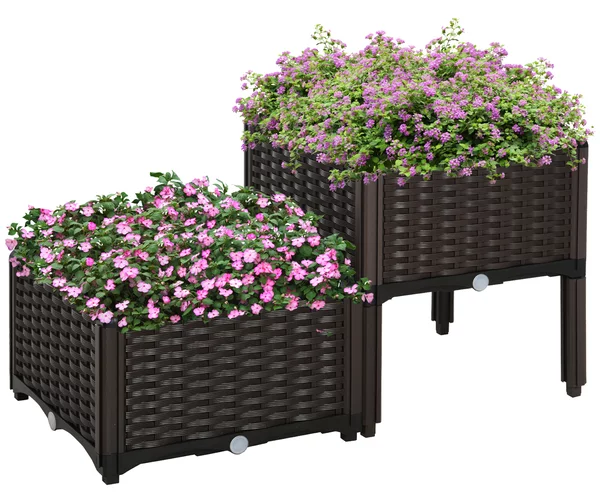 Outsunny Set 2 Pezzi Fioriere da Esterno Autoirriganti Rialzate Letto da Giardino Rialzato per Fiori Effetto Rattan in PP, Marrone