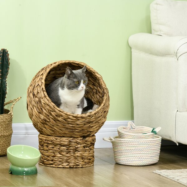PawHut Cuccia per Gatti in Vimini con Cuscino in Cotone Marrone e Bianco 42 x 33 x 52 cm|Aosom