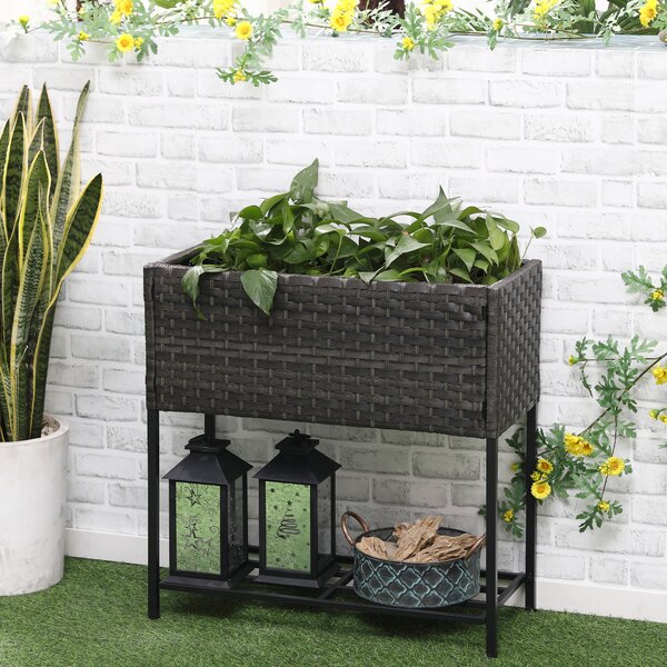Outsunny Giardino Rialzato, Fioriera Effetto Vimini con Ripiano, Esterni e Interni, Grigio (70cm x 30cm x 72cm)