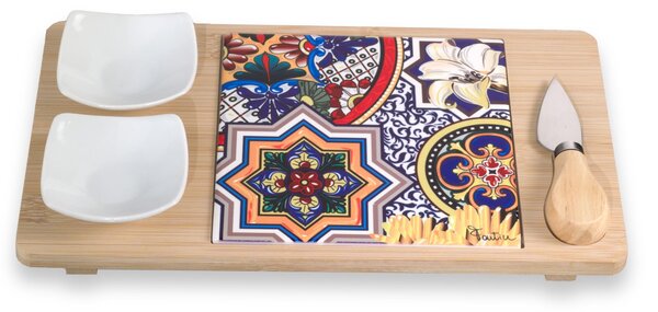 Tagliere in legno con mattonella e ciotole in ceramica Dimensioni 30x17xh4 cm decoro sicily in confezione regalo