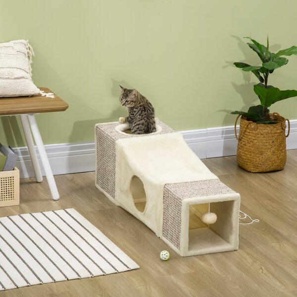 PawHut Tunnel per Gatti Pieghevole con Casette, Tiragraffi e Pallina in Peluche e Sisal, Crema
